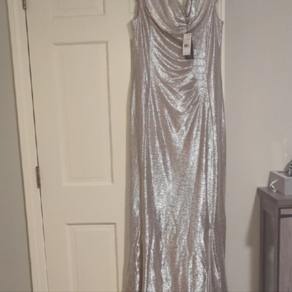 ADRIANNA PAPELL Shimmering Knit Cowl Neck Evening Gown NWT